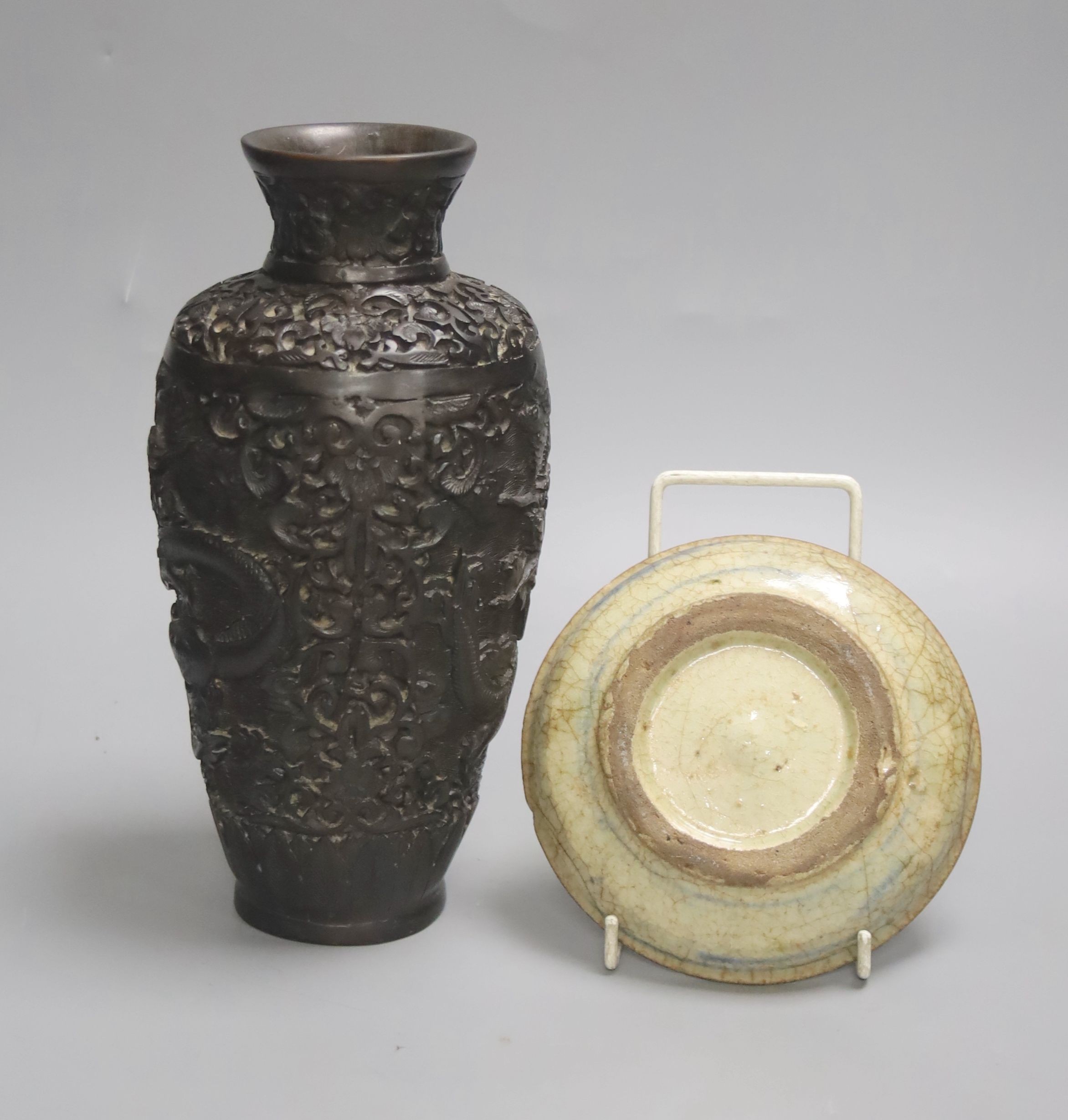 A Chinese simulated lacquer vase and a Korean dish. 23.5cm